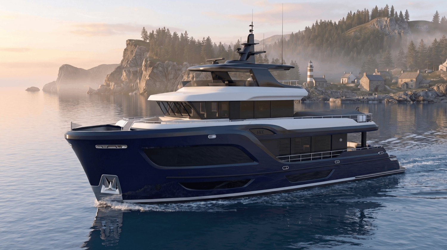 Front-side view of the Ocean Explorer 88 underway, highlighting her powerful displacement profile and elegant lines